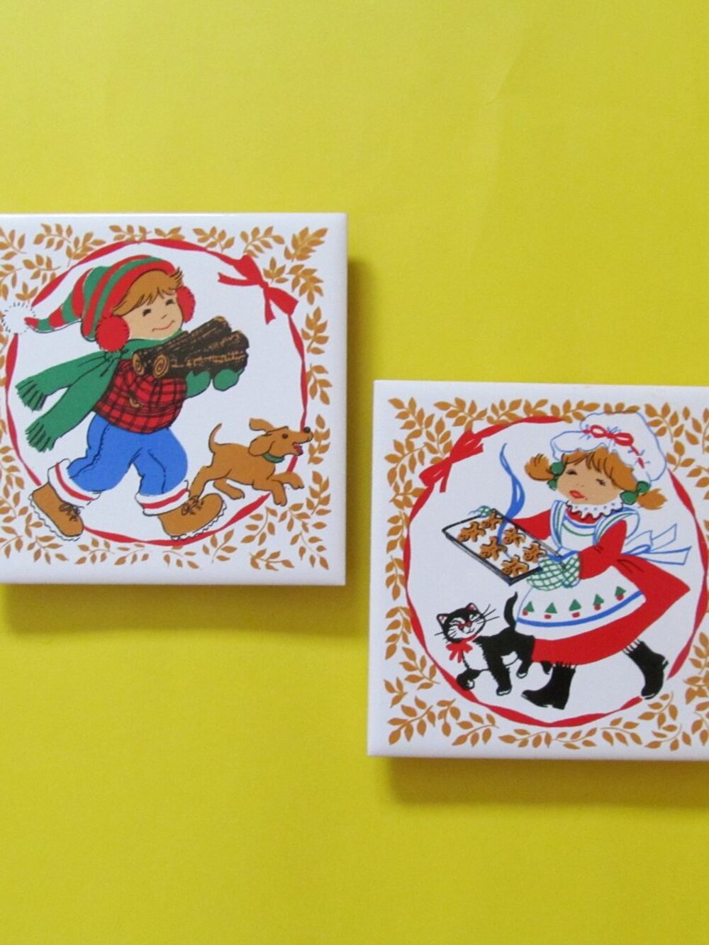 Christmas tile trivet Set of 2 1970s tiles
